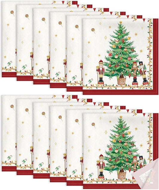 Christmas Pine Tree Napkins, 18×18 Inch Embroidered Cotton Napkins Set of 12, Washable Cotton Soft Absorbent Square Table Top Decoration for Dining Kitchen Party Wedding