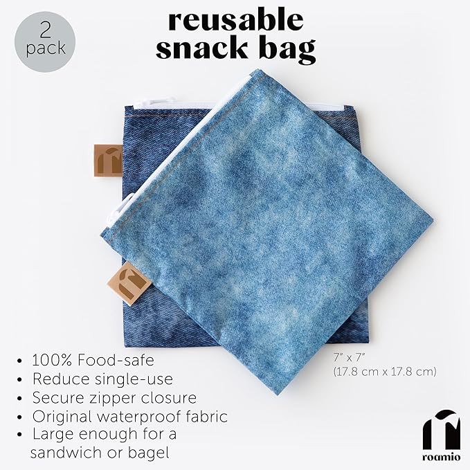 Roamio Reusable Sandwich and Snack Bags, for Kids School Lunch and for Adults Portion, Washable Fabric, Waterproof Cloth Zip Bag, Pack Travel Pouch, Food-Safe Storage, Large 2-pk Faux Denim