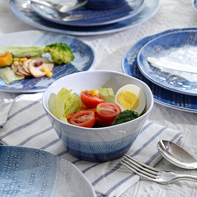 12 Piece Melamine Dishes Set for 4, Unbreakable Plates and Bowls Sets for Camping, Lightweight dinnerware set, Kind to kids, Dishwasher Safe, Ideal for RV, Sky Blue and White Retro