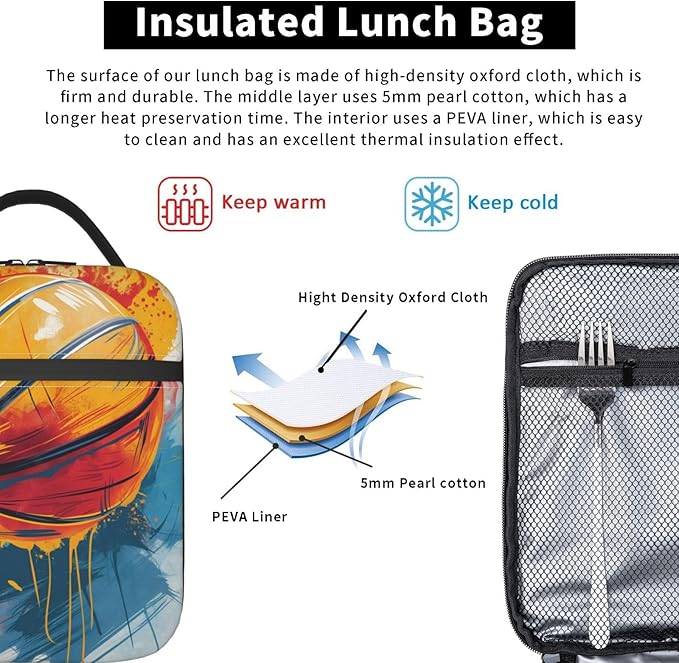 Basketball Lunch Box for Adults Women Girls Boys Kids Colorful Sports Lunch Box Insulated Cooler Reusable Lunch Bag Container Gifts for Work Office Picnic Travel School