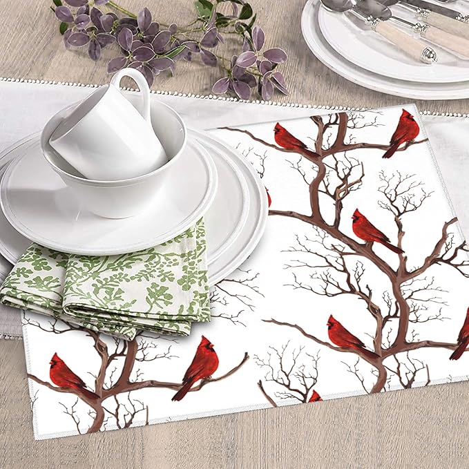 Winter Cardinal Birds Dish Drying Mat for Kitchen Counter Washable Absorbent Drying Mat Reversible Microfiber Drying Pad Home Holiday Decor Kitchen Accessories 16"x18"