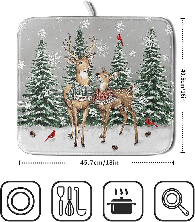 Winter Deer Dish Drying Mat Pine Tree Absorbent Dish Dry Pad Seasonal Microfiber Dish Drainer Mats for Kitchen Counter Coffee Bar 16x18 in