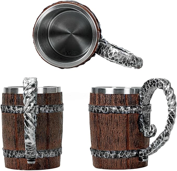Vintage Wooden Beer Mug, Viking Barrel Design with Stainless Steel Interior Faux Oak Tankard Cup 17oz, Great Gift Idea for Men
