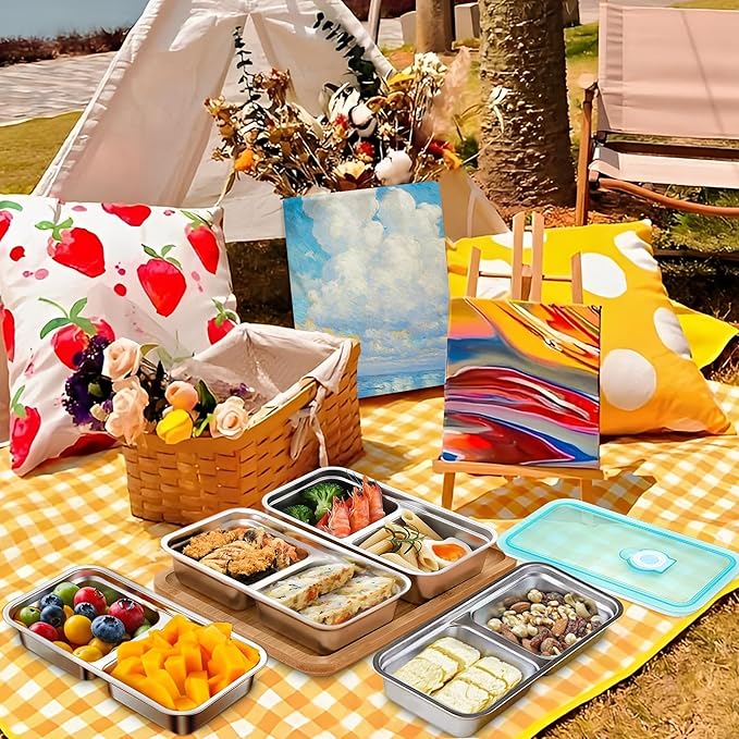 Stainless Steel Snack Containers - Reusable Double Compartment Bento Box with Lids, Leakproof & Dishwasher-Safe Food Storage for Travel, Camping, Takeout