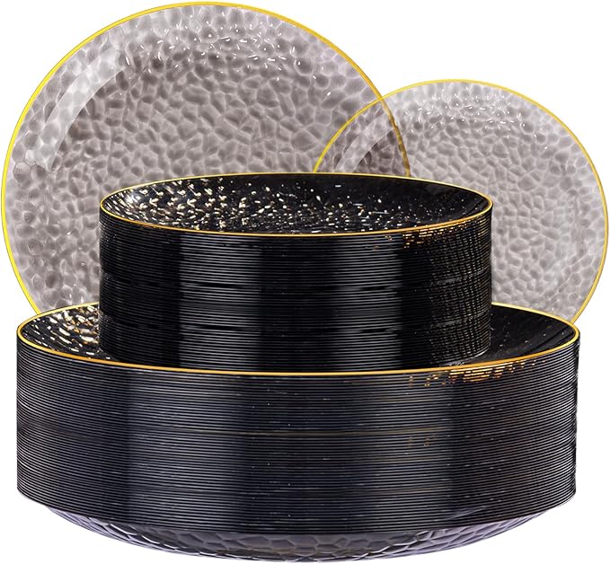 SUT 100Pcs Black Plastic Plates, Hammered Plates Disposable Heavy Duty, Black Disposable Plates With Gold Rim, Fancy Plastic plates Include 50 Dinner and 50 Dessert plates for Wedding
