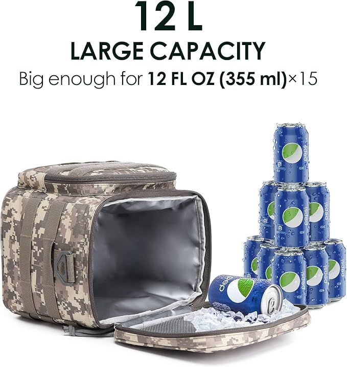 TACTICISM Tactical Lunch Box for Men, 12L MOLLE Lunch Bag Adult, Up to 8 Hours Insulated lunchbox, Large Durable Leakproof Cooler with Detachable Water Bottle Pouch, for Work Camping, ACU Camo