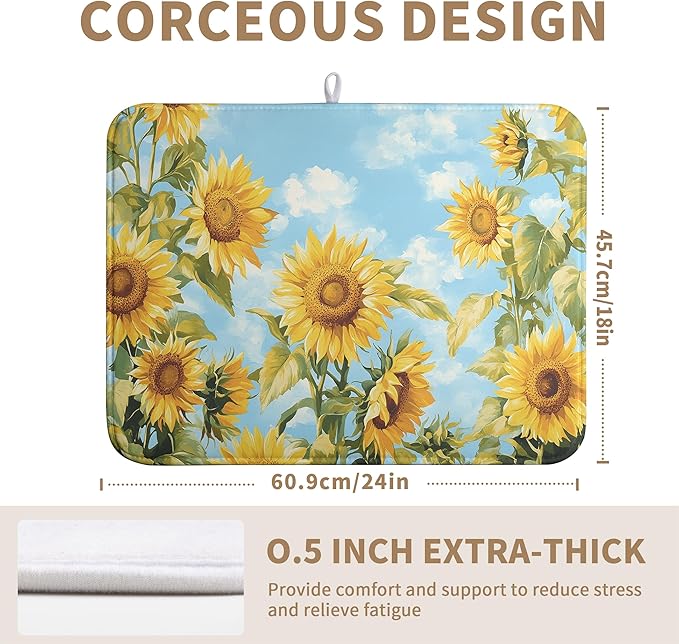 Summer Sunflower Dish Drying Mat for Kitchen Counter Watercolor Rustic Sunflowers Kitchen Dishes Dryer Pad Absorbent Matt Microfiber Washable Foldable Reusable Large 18x24 in