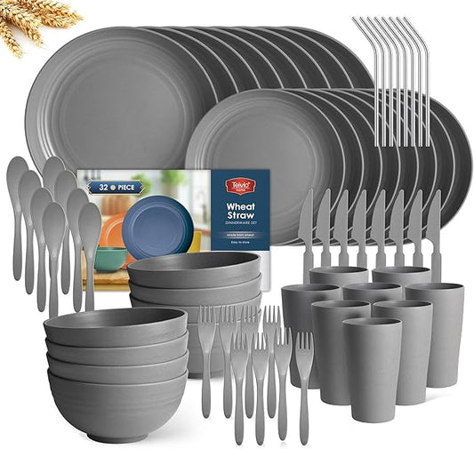 Teivio 32-Piece with Flatware Kitchen Plastic Wheat Straw Dinnerware Sets, Service for 8, Dinner Plates, Dessert Plate, Cereal Bowls, Cups, Unbreakable Plastic Outdoor Camping Dishes, Grey