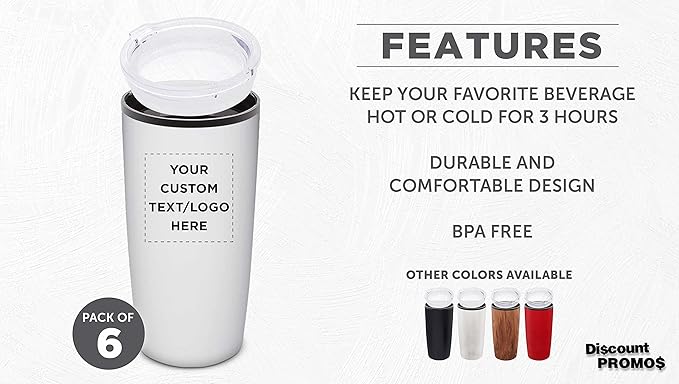 Custom Plastic Tumblers 20 oz. Set of 6, Personalized Bulk Pack - With lids, Ice Coffee Tumbler, To Go Cup, Insulated - White