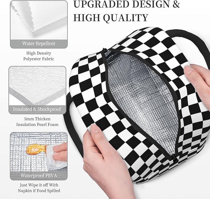 Aeoiba Black White Checkerboard Insulated Lunch Box Tote Bag Handbag lunchbox Food Container Gourmet Tote Cooler warm Pouch For School work Office