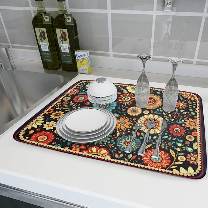 Boho Floral Dish Drying Mat for Kitchen Counter Absorbent Microfiber Flowers Drying Pad 18 X 24 In