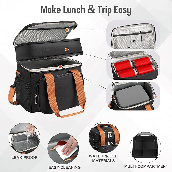Adult Lunch Box Set Insulated Leakproof Meal Prep Kit with 4-Compartment, Thermo for Hot&Cold Food, Lunchbox Containers for Men&Women, Lunch Cooler Bag with Ice Pack for Work Camping Daytrip(Black)