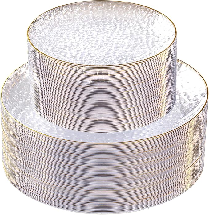 SUT 100Pcs Clear Plastic Plates, Hammered Plates Disposable Heavy Duty, Clear Disposable Plates With Gold Rim, Fancy Plastic plates Include 50 Dinner and 50 Dessert plates for Wedding