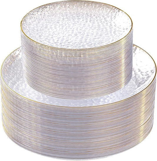 SUT 100Pcs Clear Plastic Plates, Hammered Plates Disposable Heavy Duty, Clear Disposable Plates With Gold Rim, Fancy Plastic plates Include 50 Dinner and 50 Dessert plates for Wedding