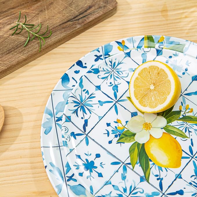 Bzyoo 12-Piece Melamine Dinnerware Set - Lemon Tiles | Lightweight, Durable, BPA-Free | Dishwasher Safe Dish Set for Indoor & Outdoor Use - Perfect for Camping, BBQs