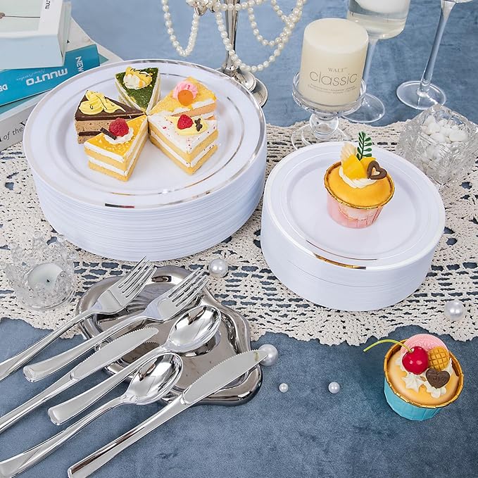 150 PCS Silver Disposable Dinnerware Set for 25 Guests, Silver Plastic Plates for Party, Including 25 Dinner Plates, 25 Salad Plates, 25 Cups, 25 Forks Knives Spoons for Wedding and Party Supplies