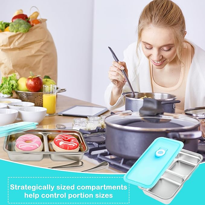 8 Set Stainless Steel Snack Containers with Lids Reusable 2 Compartment Snack Box Spoon Fork for Travel Outing Picnic Fruit Cookies Snacks Waffles Food