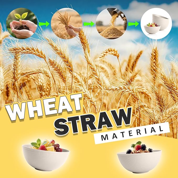 Unbreakable Wheat Straw Kitchen Cereal Bowl 40 OZ, Microwave & Dishwasher Safe Bowls, Alternative Plastic Bowls for Kitchen, Outdoors, RV, Camping, Patio, Set of 6, Beige