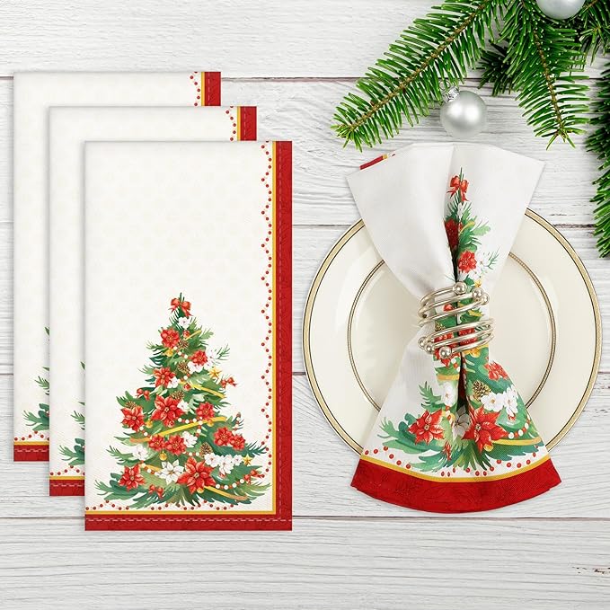 Christmas Tree Napkins, 18×18 Inch Floral Dinner Cloth Napkins Set of 4, Washable Cotton Soft Absorbent Square Napkins for Dining Kitchen Party Wedding Decoration