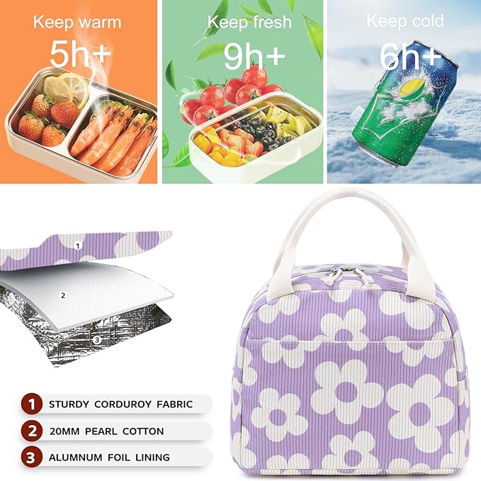 Bluboon Lunch Bag for Women Men Cute Corduroy Lunch Tote Bags Reusable Insulated Lunch Box Large Capacity Reusable Insulated Cooler for Work Picnic or Travel