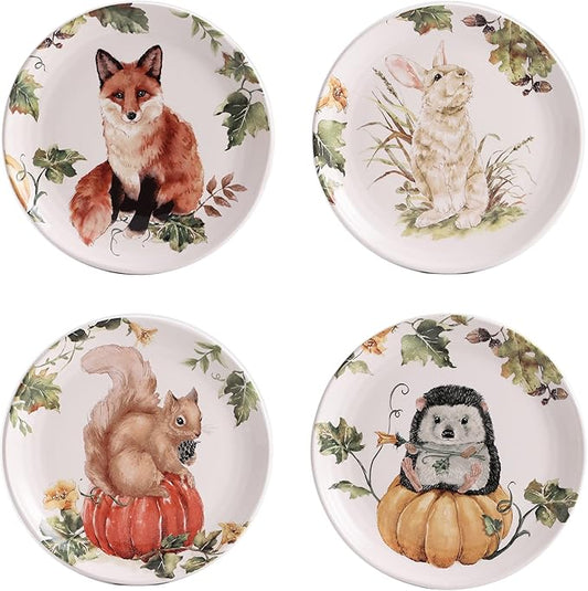 Bico Woodland Critters Ceramic Salad Plates, 8.75 inch, Set of 4, for Salad, Appetizer, Microwave & Dishwasher Safe