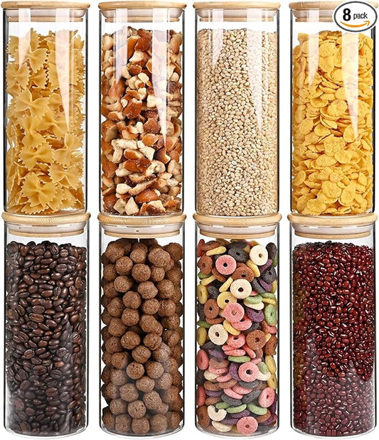 34oz Glass Food Storage Jars, Glass Jars with Bamboo Lids, Kitchen Storage Jars, Set of 8, Canisters with Airtight Lids for Spice, Coffee, Cookie, Pantry Organizers