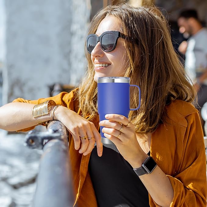 20 oz Stainless Steel Tumbler with Handle Metal Insulated Coffee Travel Mug with Handle Double Wall Tumbler Cup with Lid and Straw, Blue 1 Pack