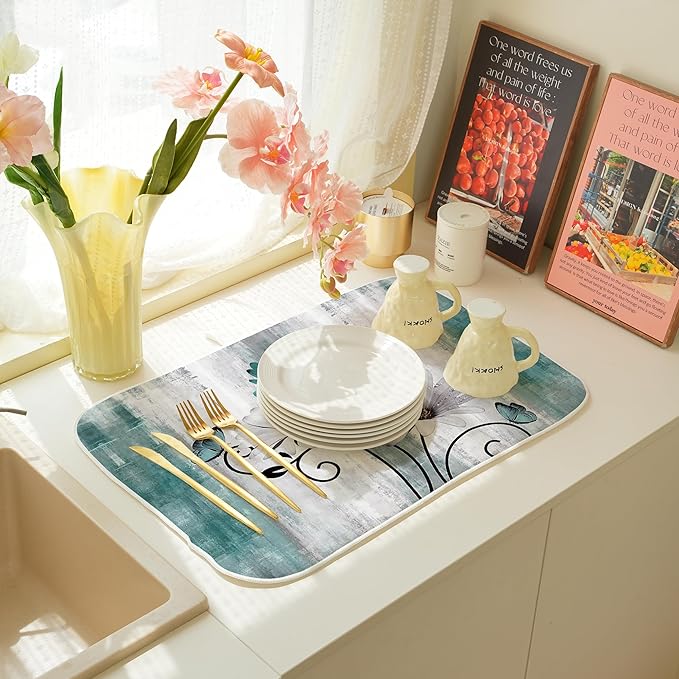Rustic Daisy Floral Dish Drying Mats 18x24 Inches for Kitchen Counter Vintage Teal Blue Kitchen Decorations Drying Mats Seasonal Outdoor Decor Mat Drying Pad for Office Dining Room Decor
