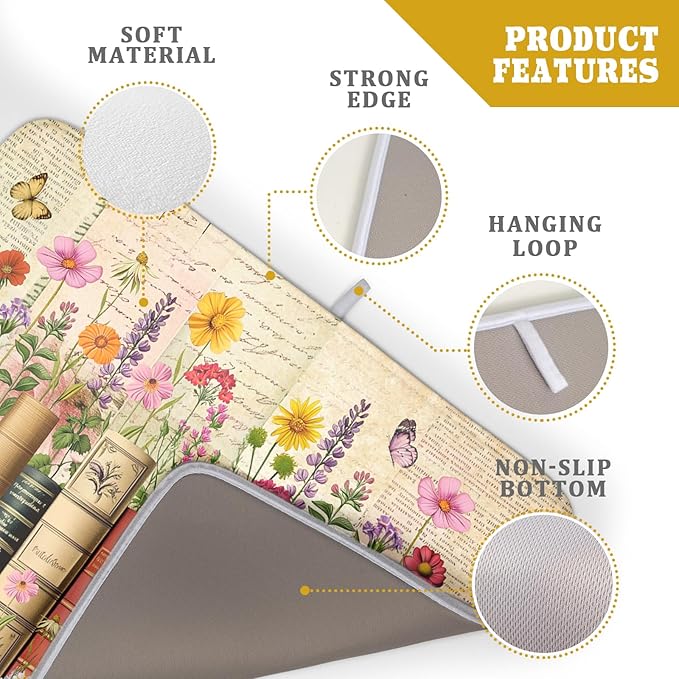 Vintage Books Dish Drying Mat - Retro Flower Kitchen Countertop Cloth Pad 18 x 24 In