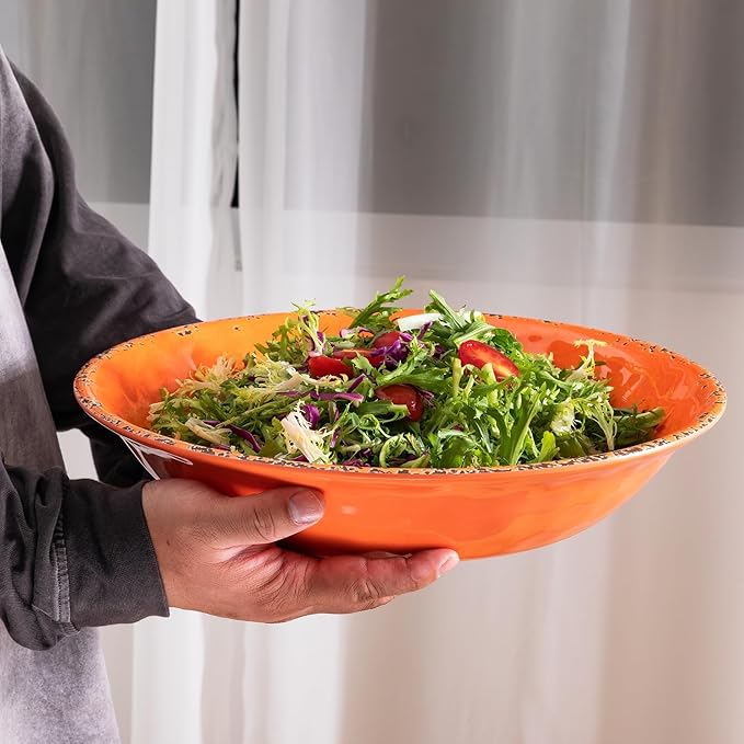 Rustic Melamine 130 OZ Serving Bowls,13.75” Durable Extra Large Melamine Pasta,Salad Serving Bowls, Set of 2, Large Fruit Bowls for Entertaining, Dishwasher Safe, Orange