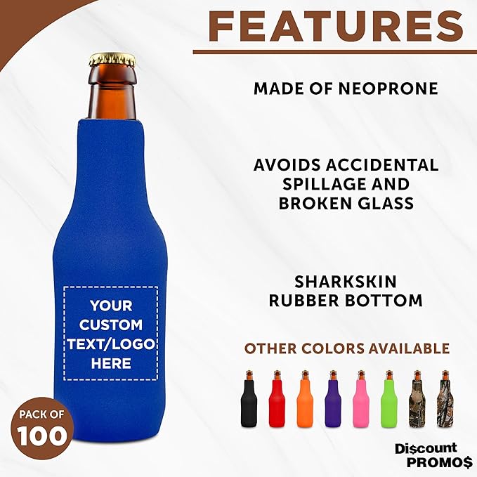 100 Neoprene Zippered Beer Bottle Coolies Pack - Customizable Text, Logo - Sharkskin Rubber Bottom - Royal Blue