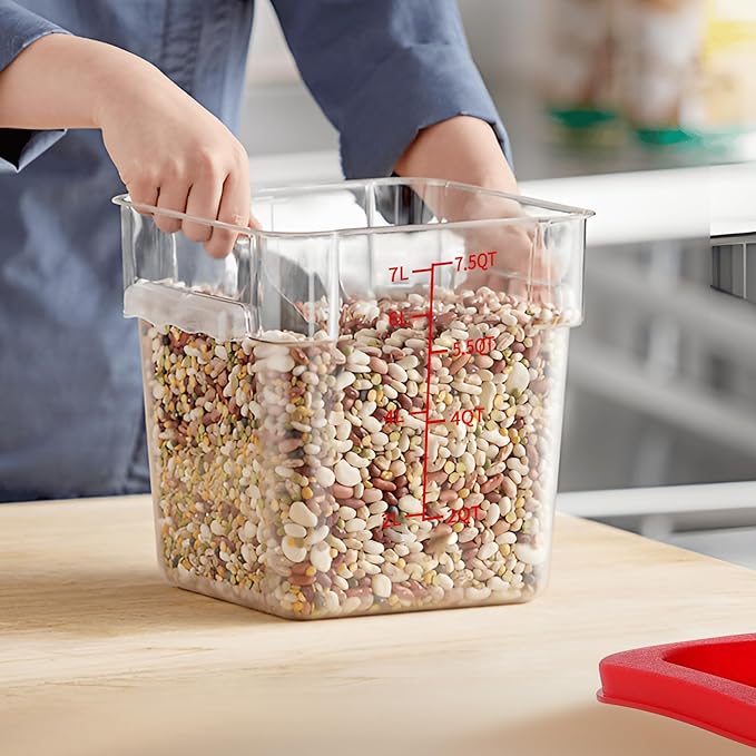 4 Pack Food Storage Containers, 8 Quart with Lids, Square Commercial Containers with Scale, NSF, Polycarbonate, Clear