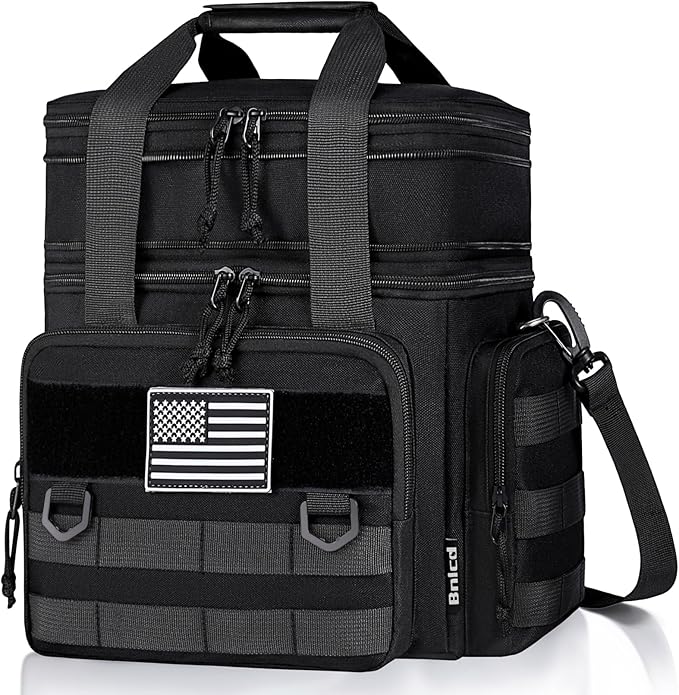 Tactical Lunch Box for Men, Expandable Large Insulated Lunch Bag for Adult, Heavy Duty Double Deck Lunch Cooler Bag with Shoulder Strap, Leakproof Soft Lunch Pail with American Flag - Black