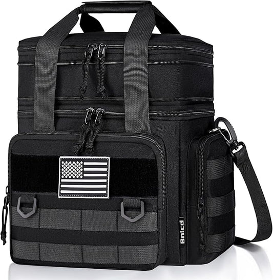 Tactical Lunch Box for Men, Expandable Large Insulated Lunch Bag for Adult, Heavy Duty Double Deck Lunch Cooler Bag with Shoulder Strap, Leakproof Soft Lunch Pail with American Flag - Black