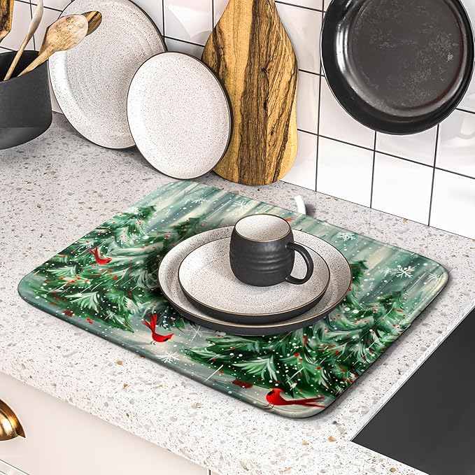 Winter Pine Tree Dish Drying Mat Red Bird Berry Dishes Drainer Mats Absorbent Microfiber Kitchen Counter Protector Drying Mats 16x18 Inch