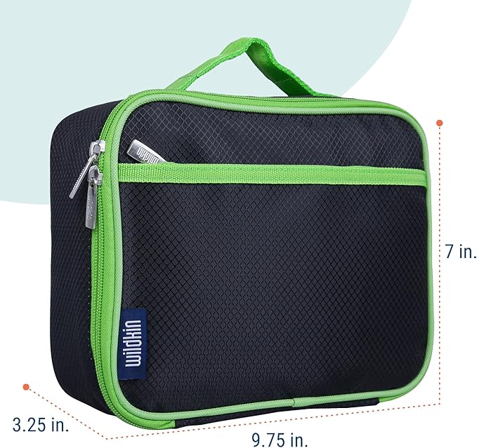 Wildkin Kids Insulated Lunch Box – Durable and Reusable for School & Travel - Rip-Stop Black/Green
