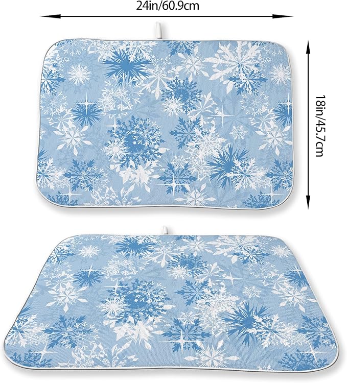 Christmas Dish Drying Mats 18x24 Inch White Blue Snowflake Drying Mats Xmas Winter Holiday Kitchen Decor Absorbent Drying Dish Pad Rack Drainer Mats for Kitchen Dining Room Counter