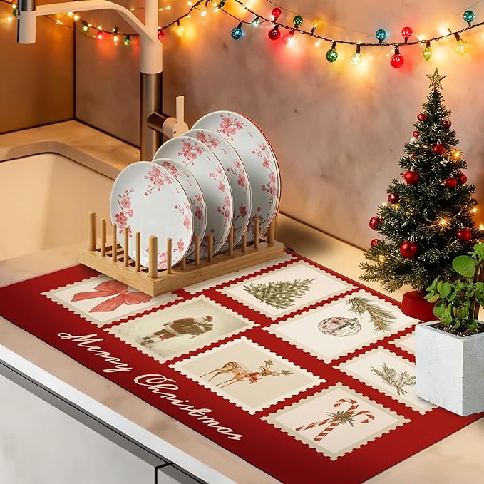 Vintage Red Christmas Dish Drying Mat, Christmas Tree Santa Reindeer Disco Coffee Bar Mat for Countertops, Merry Xmas Absorbent Dish Drying Mats for Kitchen Counter Coffee Maker, 16x24 Inch