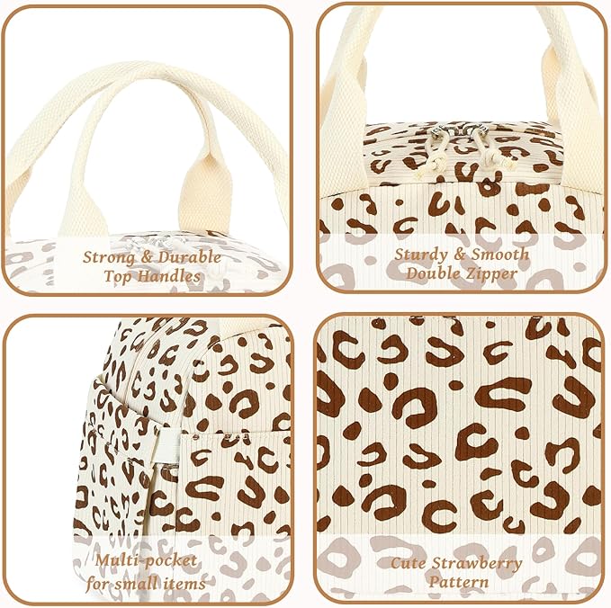BTOOP Lunch Box for Women Men Cute Corduroy Lunch Bags Large Capacity Insulated Lunch Tote Bag For Work Travel Or Picnic (Beige-Brown-Leopard)