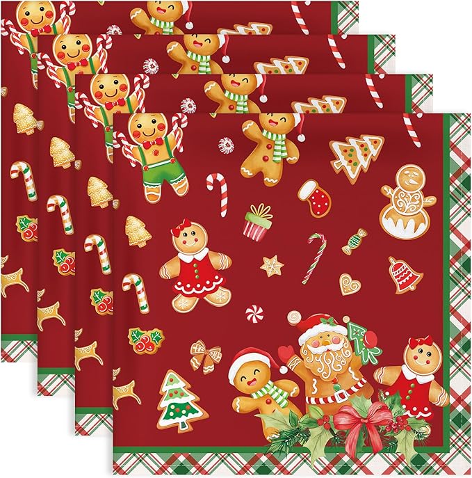 Christmas Gingerbread Napkins, 18×18 Inch Dinner Cloth Napkins Set of 4, Washable Cotton Soft Absorbent Square Table Top Decoration for Dining Kitchen Party Wedding