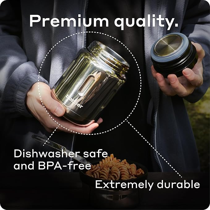 BOBBER 24 Oz Stainless Steel Thermos Food Jar with Folding Spoon and Extra-Wide Mouth – Insulated Soup Thermos for Hot Food, Keeps Hot for 14 Hours and Cold for 20 Hours (Glossy)