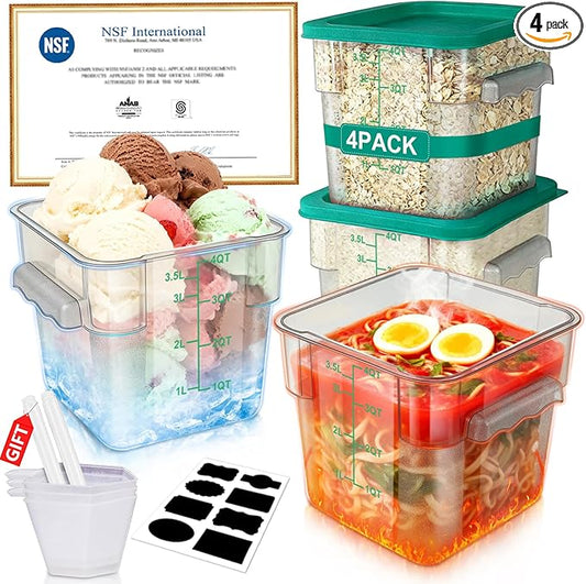 4QT NSF Food Storage Containers with Lids: 4 PCS [Total Food Grade][Hot&Cold Resistant] Commercial Clear Food Storage Containers for Restaurant Kitchen Proof Dough, Measuring Spoons Included(Green)