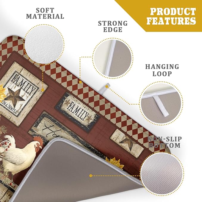 Vintage Rooster Dish Drying Mat 18x24 Inch Farmhouse Chicken Dish Drainer Pad Microfiber Absorbent Fast Dry Kitchen Counter Accessories