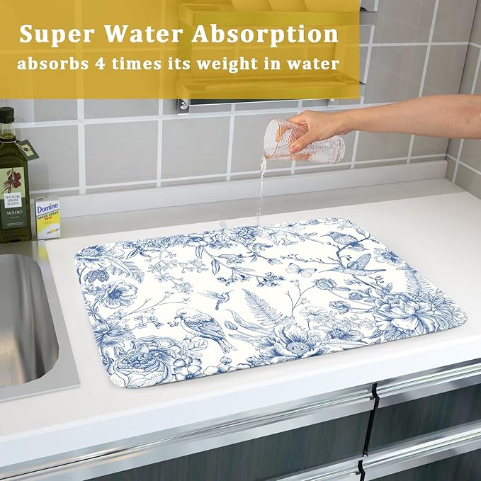 Chinoiserie Flowers Dish Drying Mat for Kitchen Counter, 18x24 Inch Vintage Blue Floral Birds Ultra Absorbent Reversible Dish Drainer Mats Plate Holder