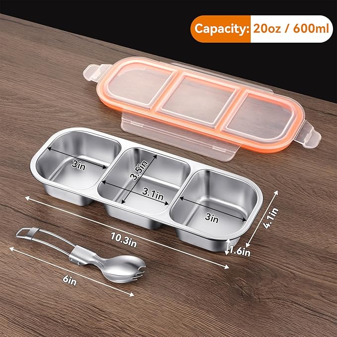 Stainless Steel Snack Containers with Lids & Spork, Reusable 3 Compartment Condiment Boxes, Divided Grab Food Storage Containers, Sauce Cups for Home, Travel (3 Compartment)