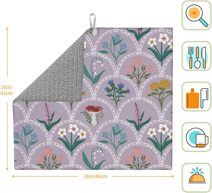 Vintage Flowers Dish Drying Mat 16x18 Inch, Microfiber Absorbent Fast Dry Mat Mushroom Floral Large Dish Mat Drying Kitchen Mat, Kitchen Drying Pad for Kitchen Counter Coffee Bar Decor Gifts