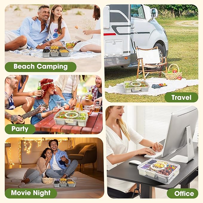 Snackle Box Container, Divided Serving Tray with Lid and Handle, Portable Stainless Steels Snack Platters, Charcuterie Container Veggie Tray with Lid for Fruits Candy Nuts, Perfect for Party Travel