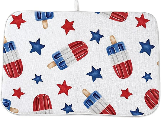 4th of July Dish Drying Mats 18x24 Inch American Red Blue Stars Decor Patriotic Decorative Drying Mats Summer Outdoor Independence Day Memorial Day Decor Coffee Bar Mat for Kitchen Dining Room