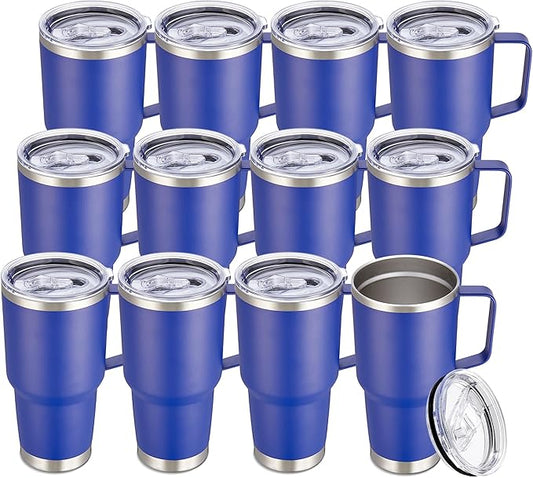 30 oz Tumbler with Handle and Lid, Stainless Steel Tumblers Bulk Double Wall Vacuum Insulated Travel Mug Leak Proof Cup Keep Drinks Cold and Hot Blue, 12 Pack