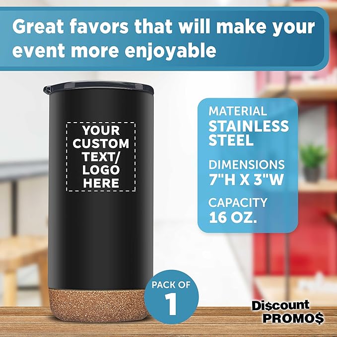 DISCOUNT PROMOS Custom Travel Tumblers with Cork Bottom 16 oz. Set of 1, Personalized Bulk Pack - Double Wall Insulated, Matte Finish, Perfect for Iced Coffee, Soda, Other Beverages - Black